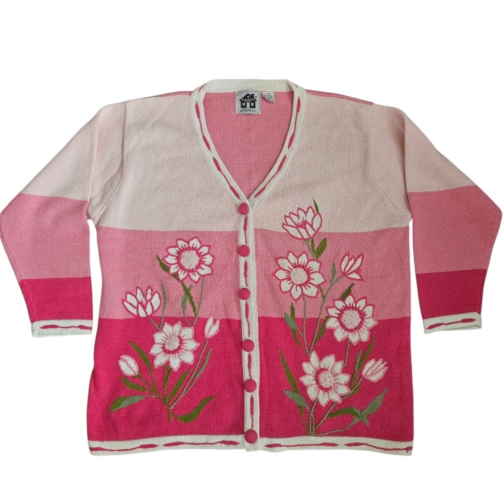 Storybook Knits Pink Floral Embroidered Colorblock Cardigan Sweater Womens 2X
